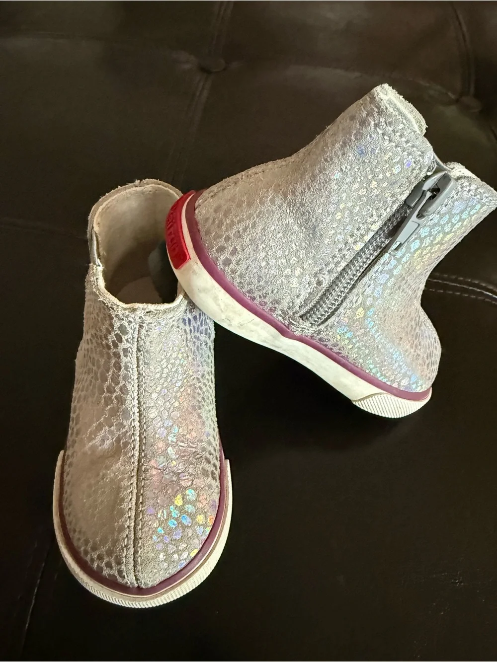 See Kai Run Girls Iridescent Silver Zip Boots with Pink Trim